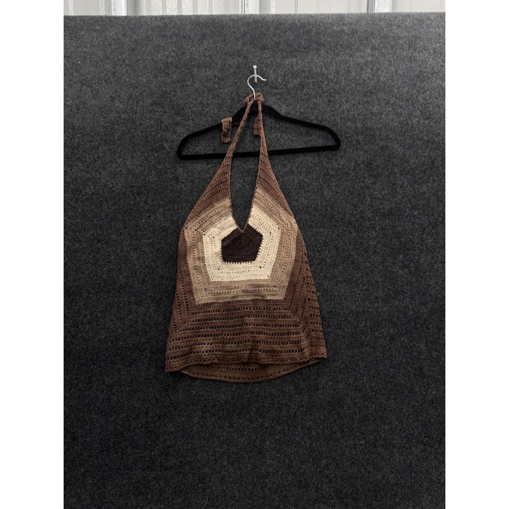 SAYWHAT? Brown Crochet Halter Top Boho Knit Ramie Cotton Blend Medium